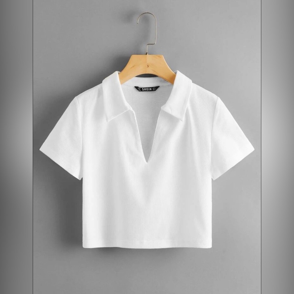 White Collared V-Neck Rib-Knit Crop Top